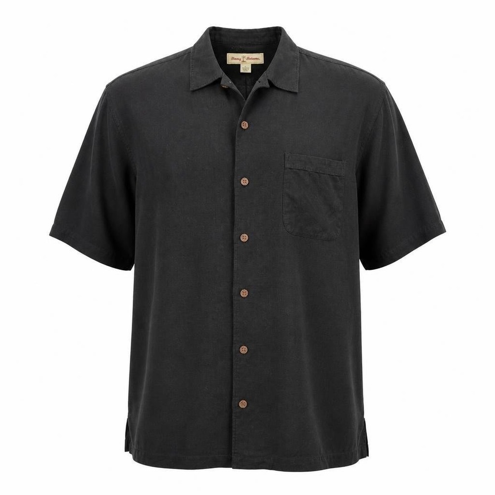 Tommy Bahama Shirt Mens L Black 100% Silk S/S Button Up Waffle Pique Jacquard